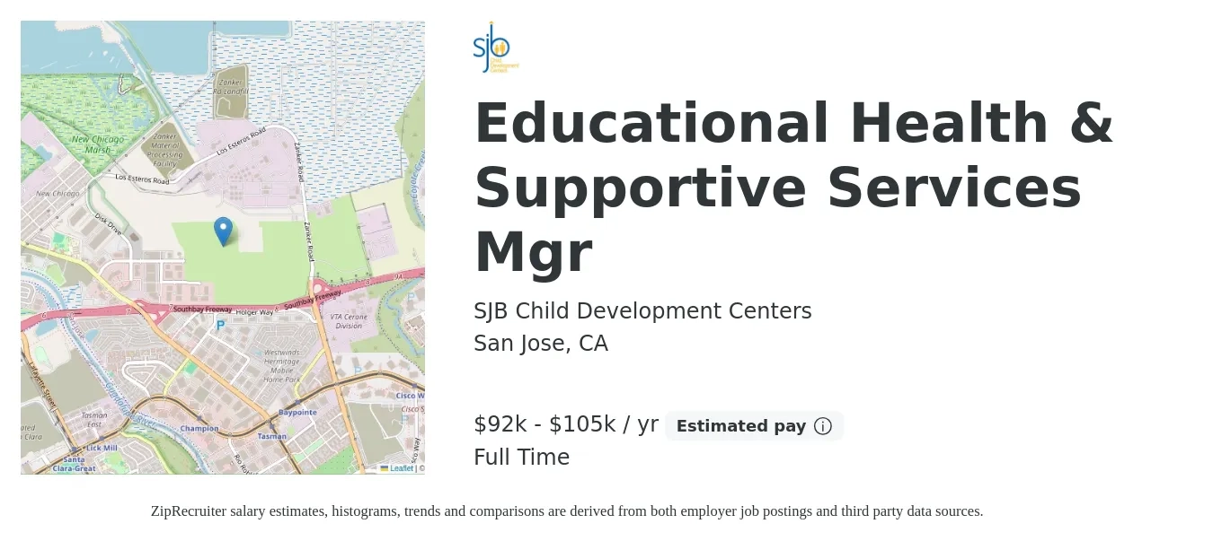 SJB Child Development Centers job posting for a Educational Health & Supportive Services Mgr in San Jose, CA with a salary of $92,085 to $105,900 Yearly with a map of San Jose location.