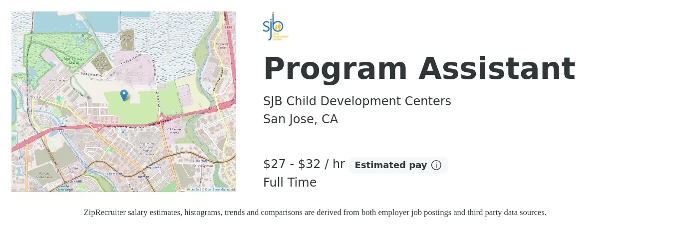 SJB Child Development Centers job posting for a Program Assistant in San Jose, CA with a salary of $29 to $34 Hourly with a map of San Jose location.