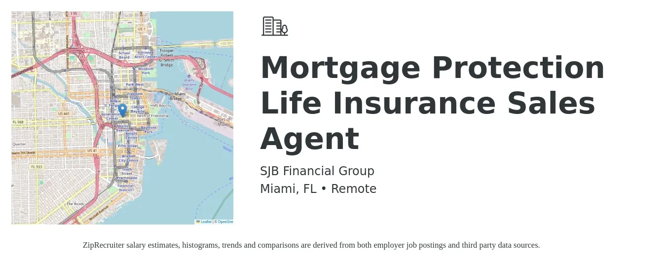 SJB Financial Group job posting for a Mortgage Protection Life Insurance Sales Agent in Miami, FL with a salary of $10,000 to $25,000 Monthly with a map of Miami location.