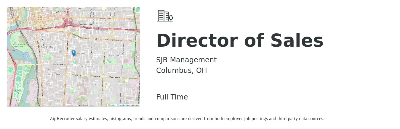 SJB Management job posting for a Director of Sales in Columbus, OH with a salary of $68,100 to $120,700 Yearly with a map of Columbus location.