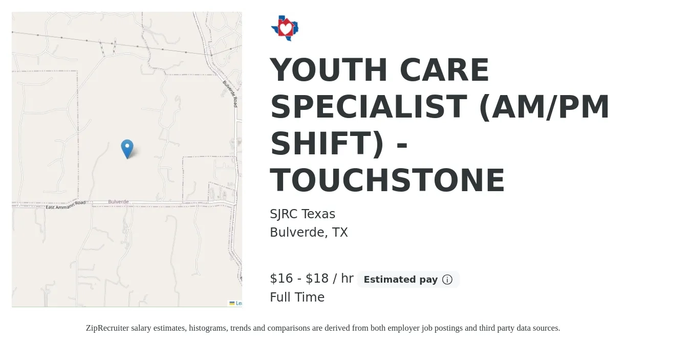 SJRC Texas job posting for a YOUTH CARE SPECIALIST (AM/PM SHIFT) - TOUCHSTONE in Bulverde, TX with a salary of $17 to $19 Hourly with a map of Bulverde location.