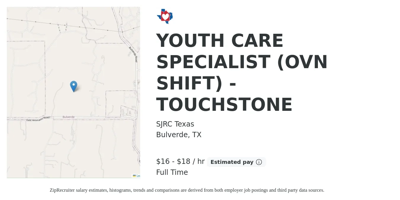 SJRC Texas job posting for a YOUTH CARE SPECIALIST (OVN SHIFT) - TOUCHSTONE in Bulverde, TX with a salary of $17 to $19 Hourly with a map of Bulverde location.