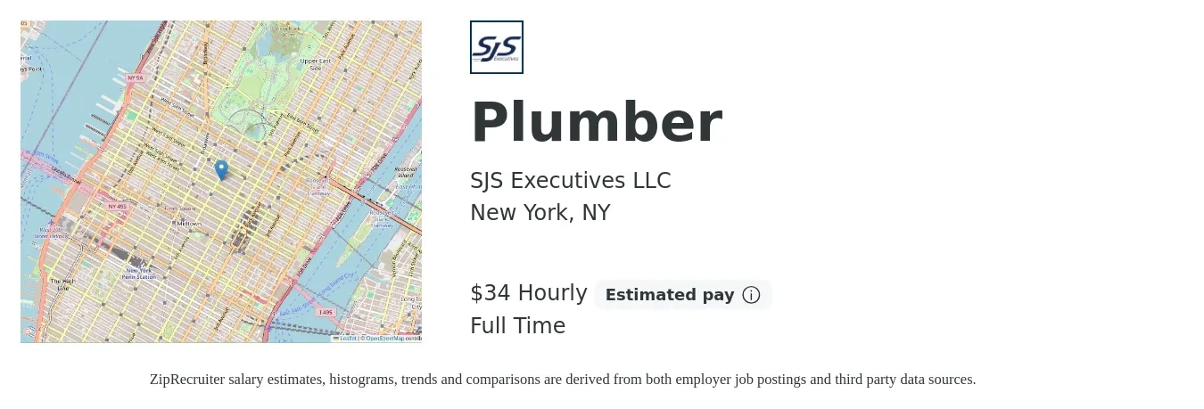 SJS Executives LLC job posting for a Plumber in New York, NY with a salary of $36 Hourly with a map of New York location.