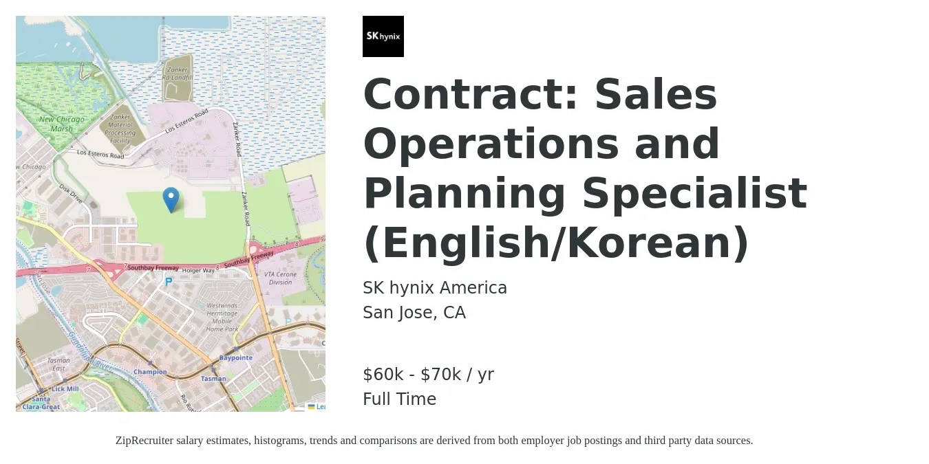 SK hynix America job posting for a Contract: Sales Operations and Planning Specialist (English/Korean) in San Jose, CA with a salary of $60,000 to $70,000 Yearly with a map of San Jose location.