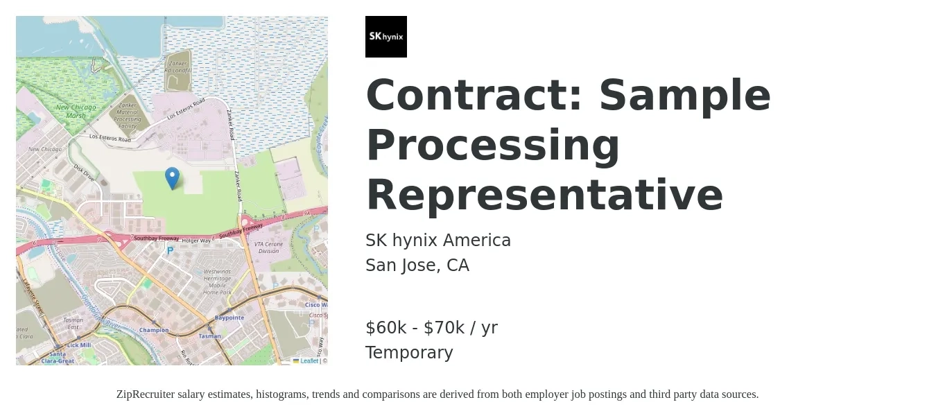 SK hynix America job posting for a Contract: Sample Processing Representative in San Jose, CA with a salary of $60,000 to $70,000 Yearly with a map of San Jose location.