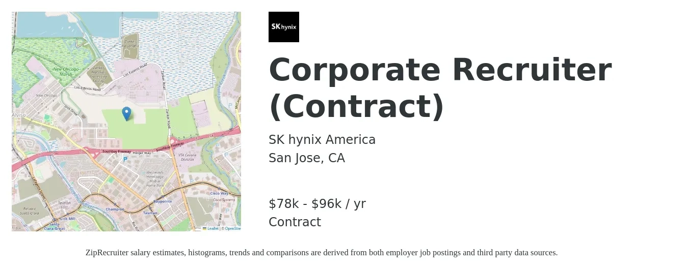 SK hynix America job posting for a Corporate Recruiter (Contract) in San Jose, CA with a salary of $78,000 to $96,000 Yearly with a map of San Jose location.