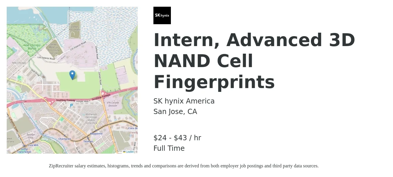 SK hynix America job posting for a Intern, Advanced 3D NAND Cell Fingerprints in San Jose, CA with a salary of $25 to $45 Hourly with a map of San Jose location.