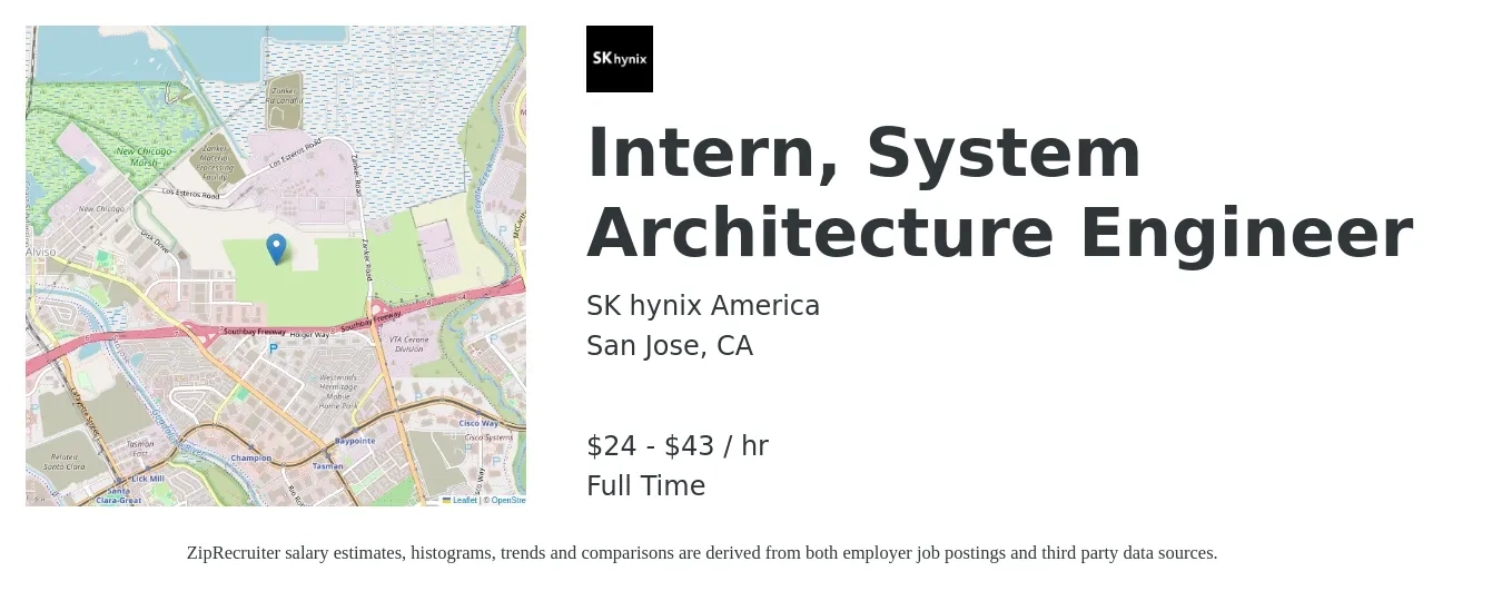 SK hynix America job posting for a Intern, System Architecture Engineer in San Jose, CA with a salary of $25 to $45 Hourly with a map of San Jose location.