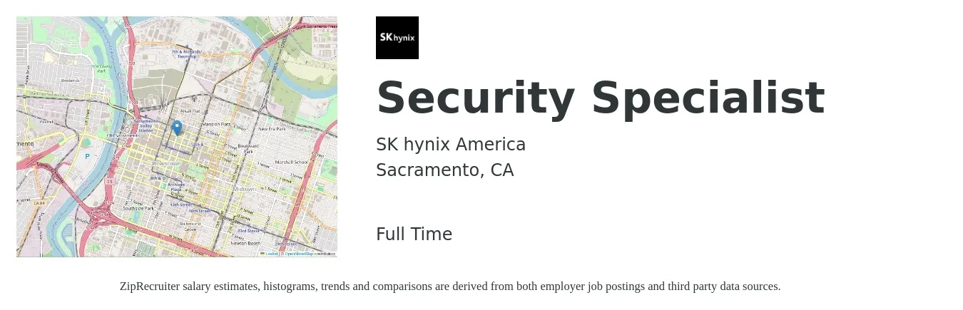 SK hynix America job posting for a Security Specialist in Sacramento, CA with a salary of $89,000 to $100,000 Yearly with a map of Sacramento location.
