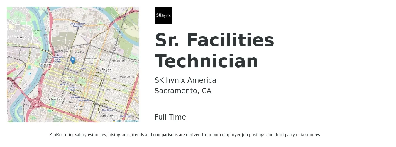 SK hynix America job posting for a Sr. Facilities Technician in Sacramento, CA with a salary of $81,000 to $94,000 Yearly with a map of Sacramento location.