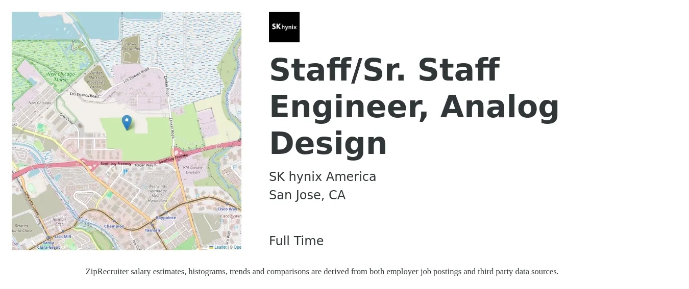 SK hynix America job posting for a Staff/Sr. Staff Engineer, Analog Design in San Jose, CA with a salary of $137,000 to $168,000 Yearly with a map of San Jose location.