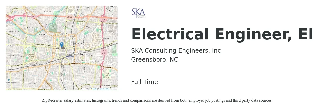 SKA Consulting Engineers, Inc job posting for a Electrical Engineer, EI in Greensboro, NC with a salary of $80,400 to $127,900 Yearly with a map of Greensboro location.