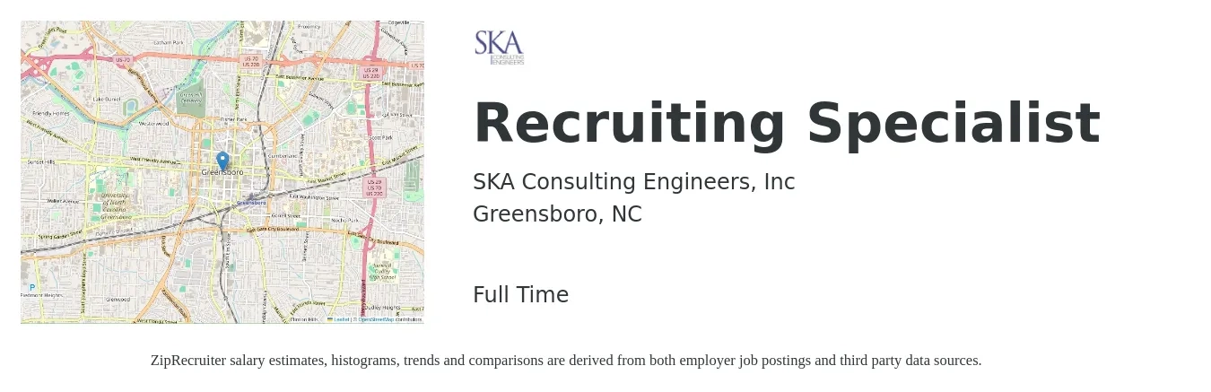 SKA Consulting Engineers job posting for a Recruiting Specialist in Greensboro, NC with a salary of $20 to $28 Hourly with a map of Greensboro location.