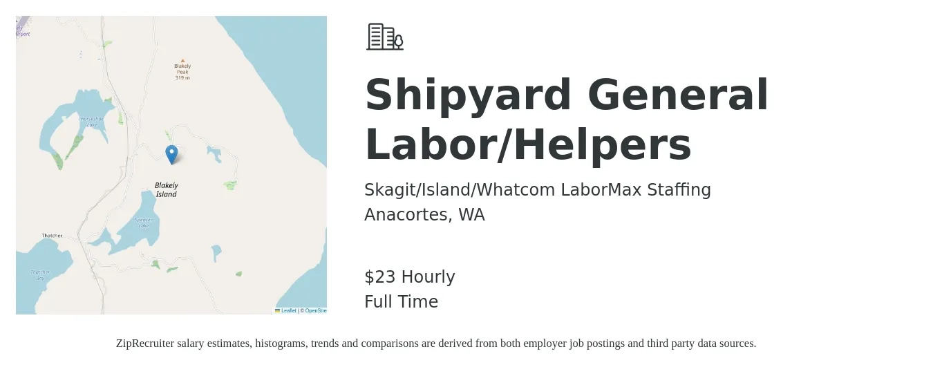 Skagit/Island/Whatcom LaborMax Staffing job posting for a Shipyard General Labor/Helpers in Anacortes, WA with a salary of $25 Hourly with a map of Anacortes location.