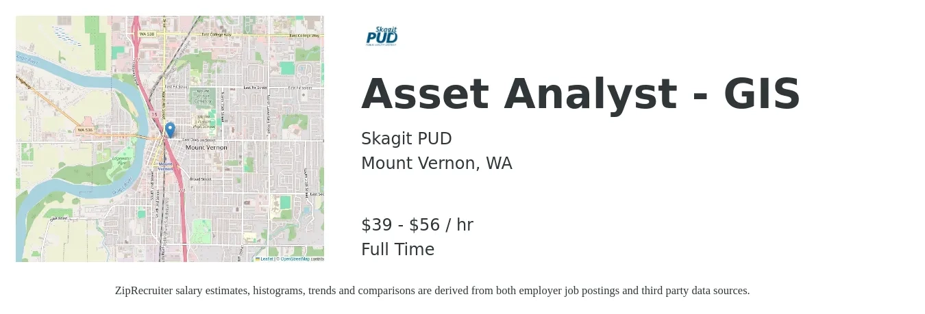 Skagit PUD job posting for a Asset Analyst - GIS in Mount Vernon, WA with a salary of $41 to $47 Hourly with a map of Mount Vernon location.