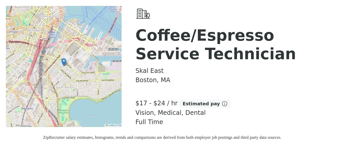 Skal East job posting for a Coffee/Espresso Service Technician in Boston, MA with a salary of $18 to $25 Hourly and benefits including dental, medical, and vision with a map of Boston location.