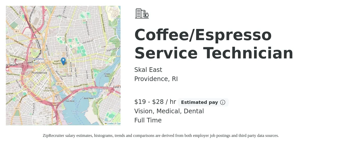 Skal East job posting for a Coffee/Espresso Service Technician in Providence, RI with a salary of $20 to $30 Hourly and benefits including vision, dental, medical, and pto with a map of Providence location.