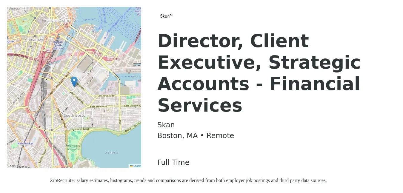 Skan job posting for a Director, Client Executive, Strategic Accounts - Financial Services in Boston, MA with a salary of $73,300 to $135,800 Yearly with a map of Boston location.