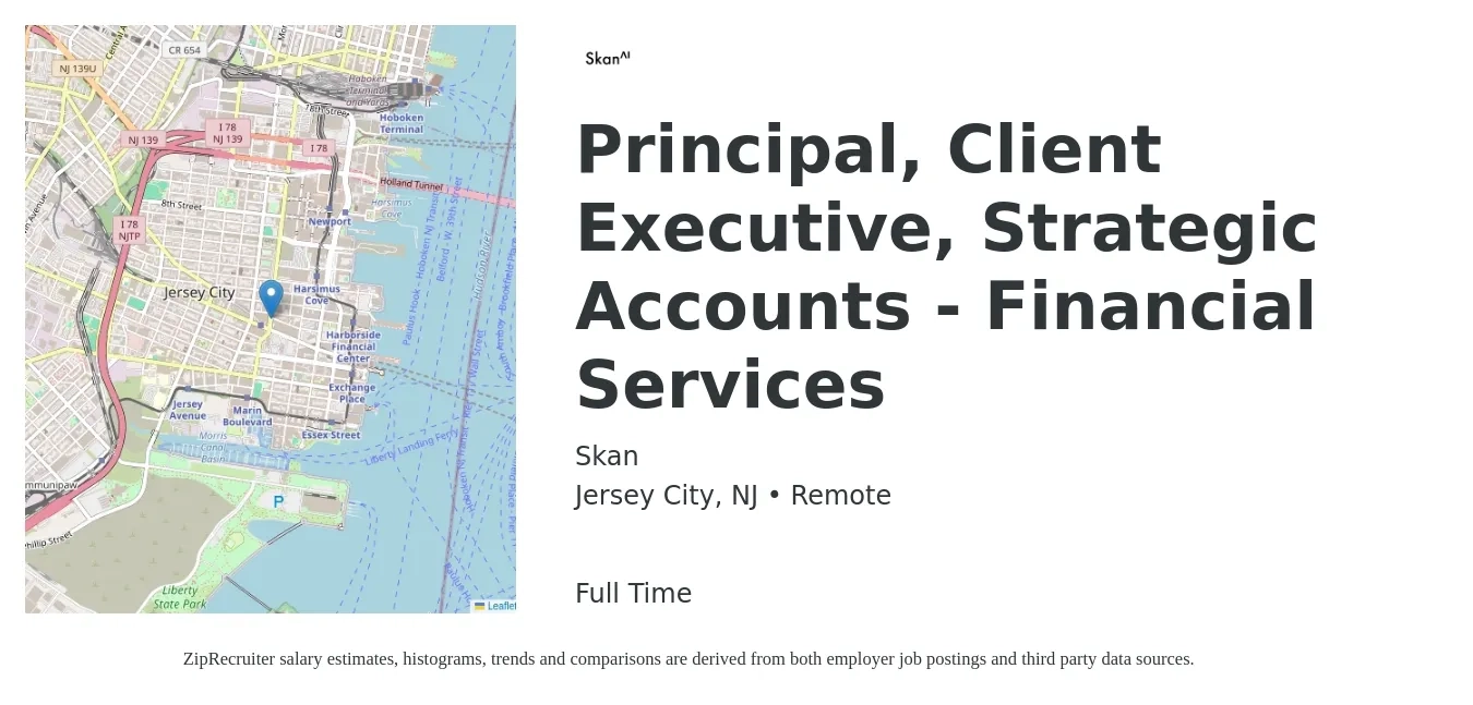Skan job posting for a Principal, Client Executive, Strategic Accounts - Financial Services in Jersey City, NJ with a salary of $79,800 to $108,600 Yearly with a map of Jersey City location.