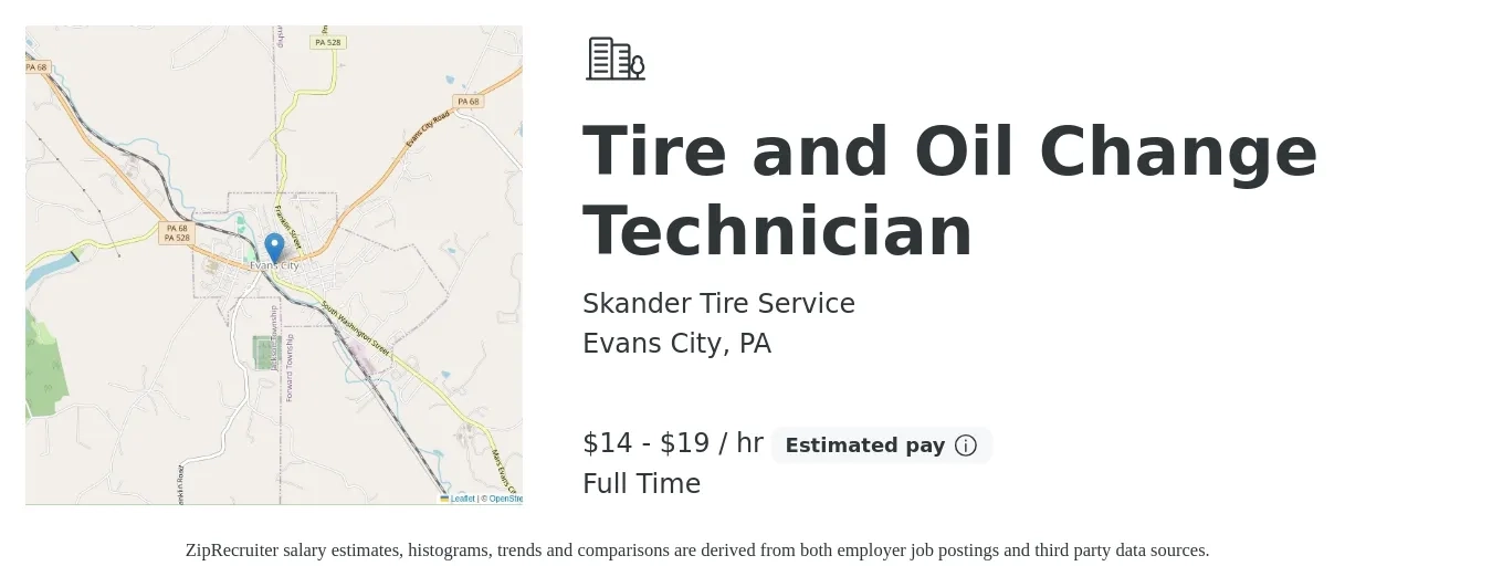 Skander Tire Service job posting for a Tire and Oil Change Technician in Evans City, PA with a salary of $15 to $20 Hourly with a map of Evans City location.
