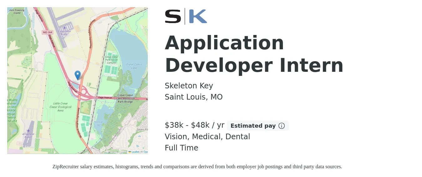 Skeleton Key job posting for a Application Developer Intern in Saint Louis, MO with a salary of $38,000 to $48,000 Yearly and benefits including dental, life_insurance, medical, pto, retirement, and vision with a map of Saint Louis location.