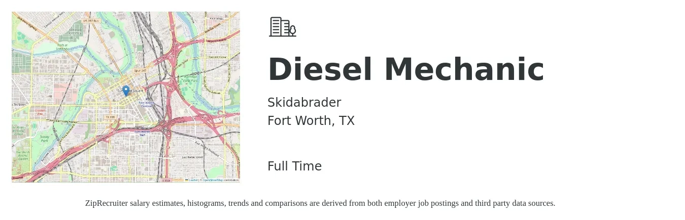 Skidabrader job posting for a Diesel Mechanic in Fort Worth, TX with a salary of $24 to $32 Hourly with a map of Fort Worth location.