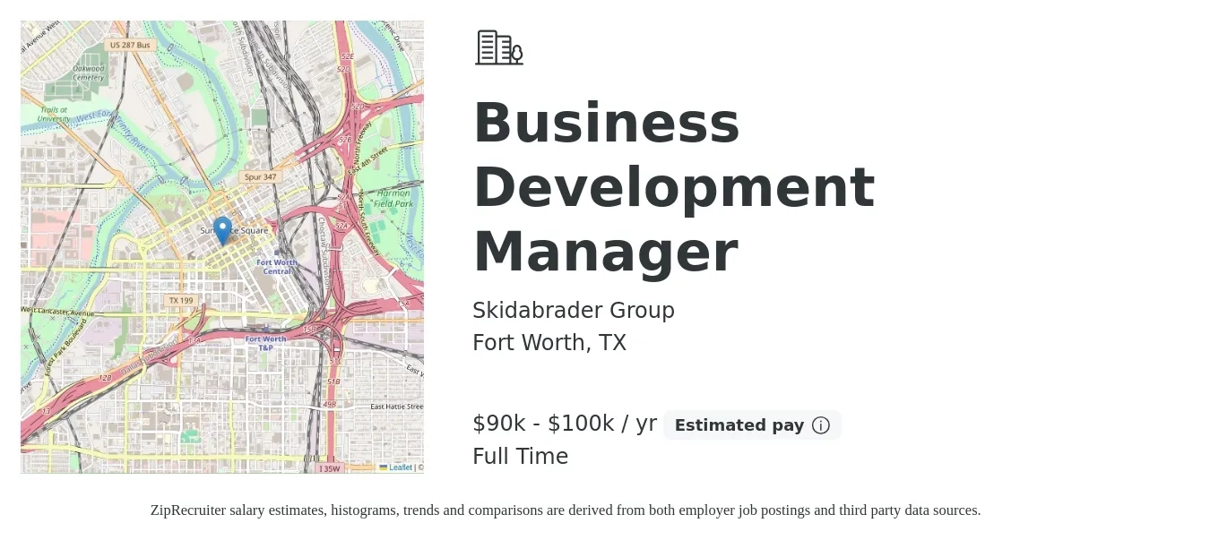 Skidabrader Group job posting for a Business Development Manager in Fort Worth, TX with a salary of $90,000 to $100,000 Yearly with a map of Fort Worth location.