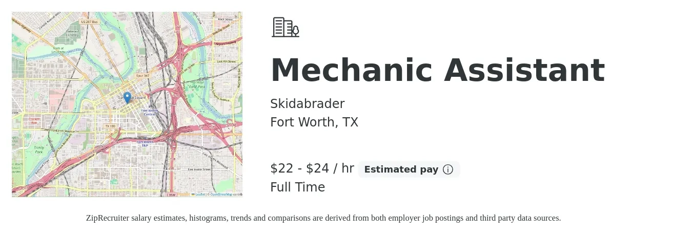 Skidabrader job posting for a Mechanic Assistant in Fort Worth, TX with a salary of $23 to $25 Yearly with a map of Fort Worth location.