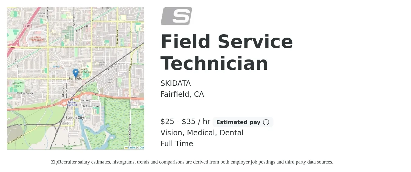 SKIDATA job posting for a Field Service Technician in Fairfield, CA with a salary of $27 to $37 Hourly and benefits including medical, pto, vision, dental, and life_insurance with a map of Fairfield location.