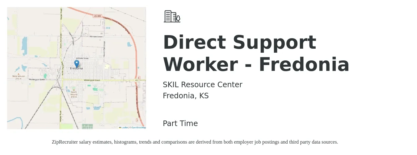 SKIL Resource Center job posting for a Direct Support Worker - Fredonia in Fredonia, KS with a salary of $9 to $13 Hourly with a map of Fredonia location.