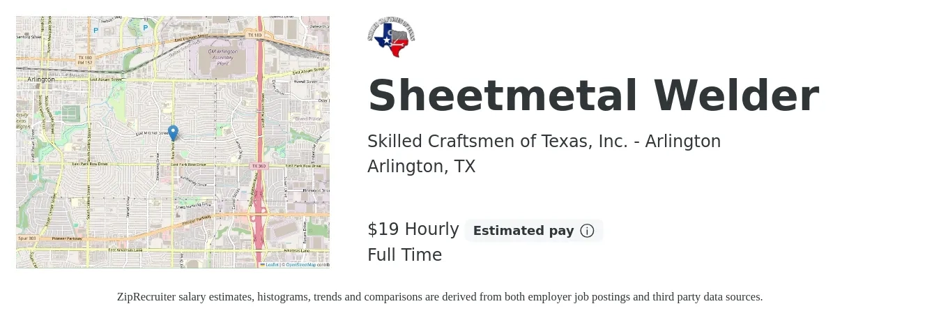 Skilled  Craftsmen of Texas, Inc. - Arlington job posting for a Sheetmetal Welder in Arlington, TX with a salary of $20 Hourly with a map of Arlington location.