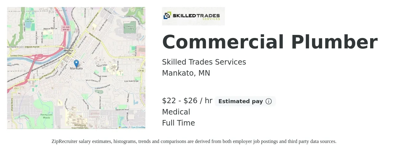 Skilled Trades Services job posting for a Commercial Plumber in Mankato, MN with a salary of $23 to $28 Hourly and benefits including medical with a map of Mankato location.