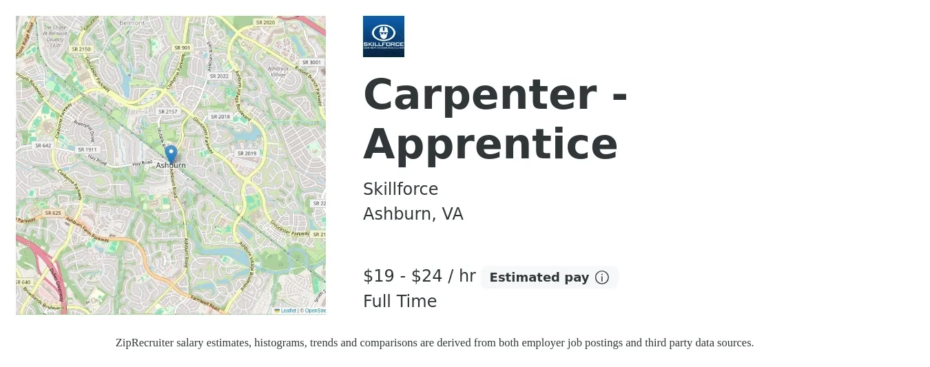 Skillforce job posting for a Carpenter - Apprentice in Ashburn, VA with a salary of $20 to $25 Hourly with a map of Ashburn location.