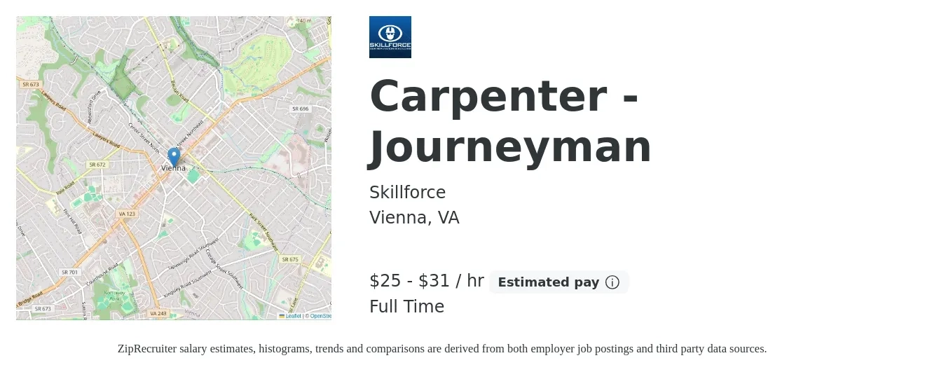 Skillforce job posting for a Carpenter - Journeyman in Vienna, VA with a salary of $27 to $33 Hourly with a map of Vienna location.