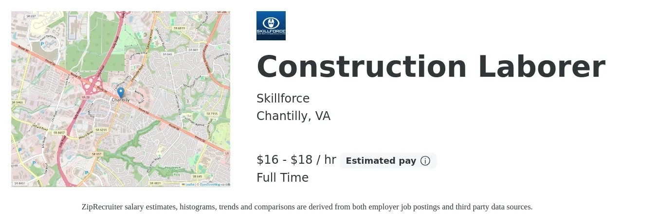 Skillforce job posting for a Construction Laborer in Chantilly, VA with a salary of $17 to $19 Hourly with a map of Chantilly location.