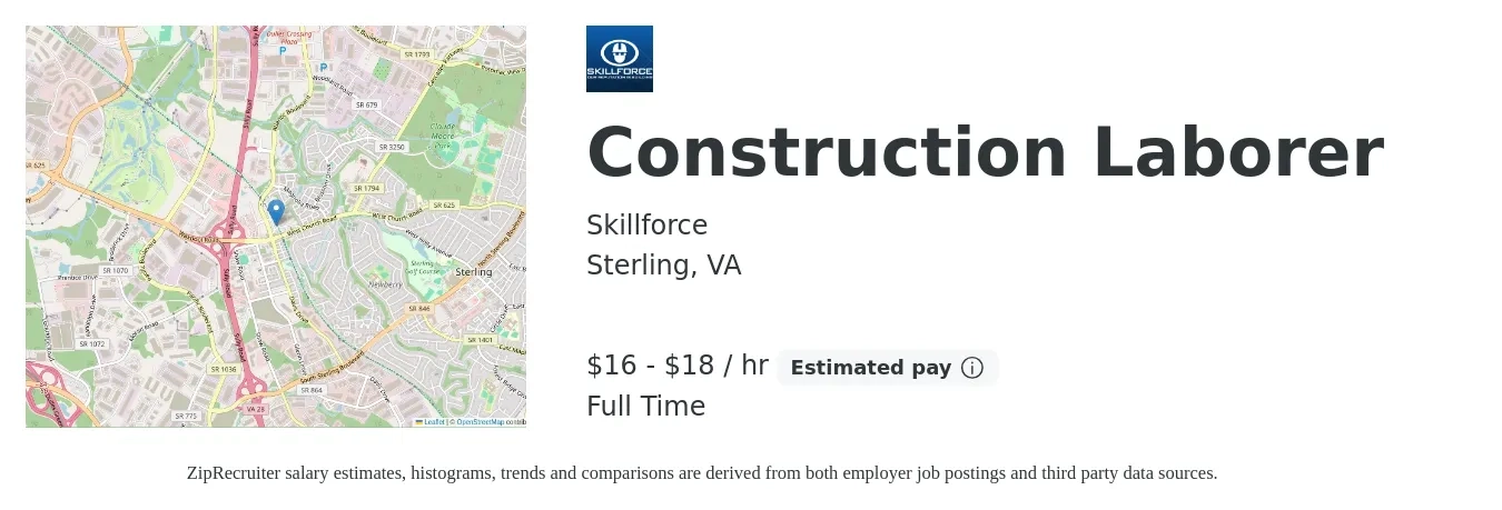 Skillforce job posting for a Construction Laborer in Sterling, VA with a salary of $17 to $19 Hourly with a map of Sterling location.