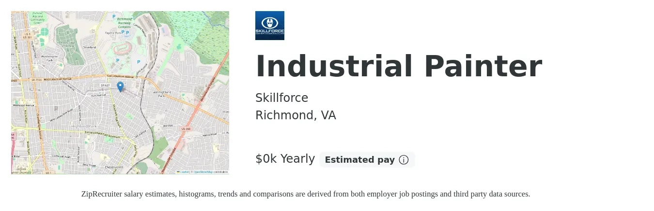 Skillforce job posting for a Industrial Painter in Richmond, VA with a salary of $22 to $26 Yearly with a map of Richmond location.