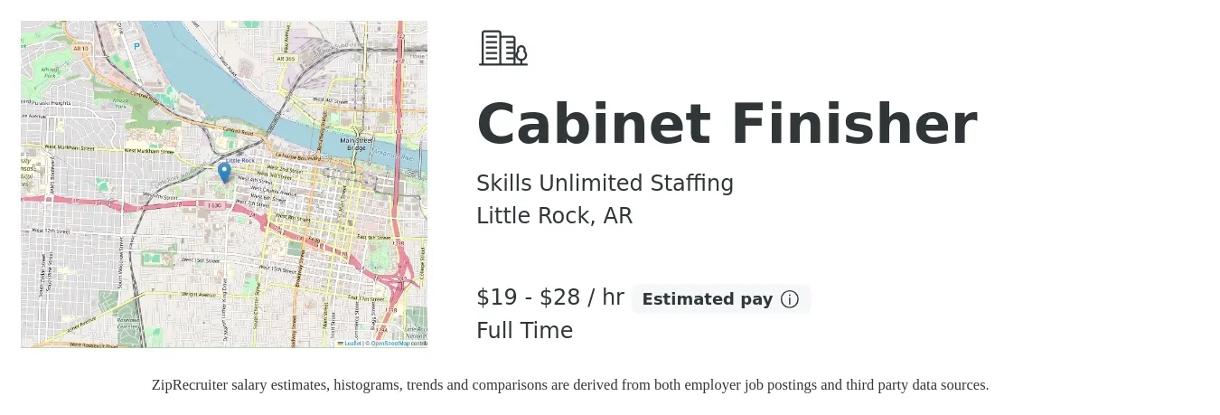 Skills Unlimited Staffing job posting for a Cabinet Finisher in Little Rock, AR with a salary of $20 to $30 Hourly with a map of Little Rock location.