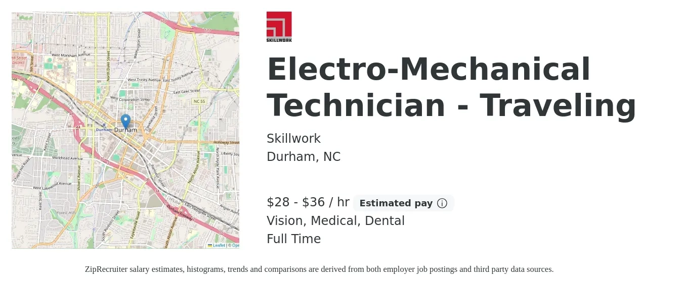 Skillwork job posting for a Electro-Mechanical Technician - Traveling in Durham, NC with a salary of $30 to $38 Hourly and benefits including retirement, vision, dental, life_insurance, and medical with a map of Durham location.