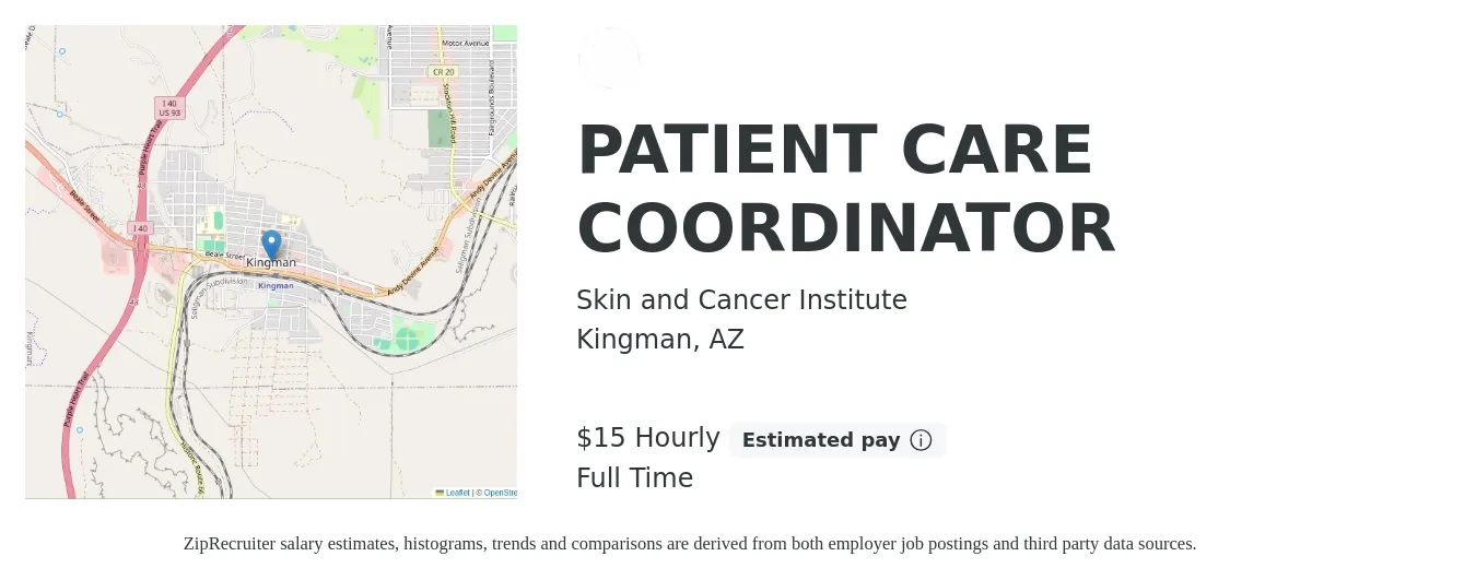 Skin and Cancer Institute job posting for a PATIENT CARE COORDINATOR in Kingman, AZ with a salary of $16 Hourly with a map of Kingman location.