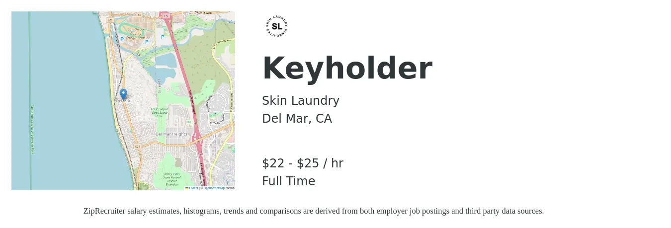 Skin Laundry job posting for a Keyholder in Del Mar, CA with a salary of $23 to $26 Hourly with a map of Del Mar location.