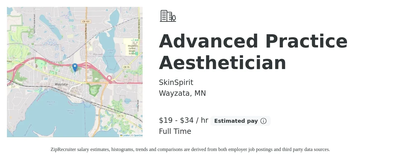 SkinSpirit job posting for a Advanced Practice Aesthetician in Wayzata, MN with a salary of $20 to $36 Hourly with a map of Wayzata location.