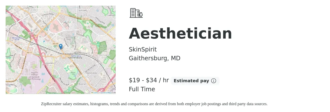 SkinSpirit job posting for a Aesthetician in Gaithersburg, MD with a salary of $20 to $36 Hourly with a map of Gaithersburg location.