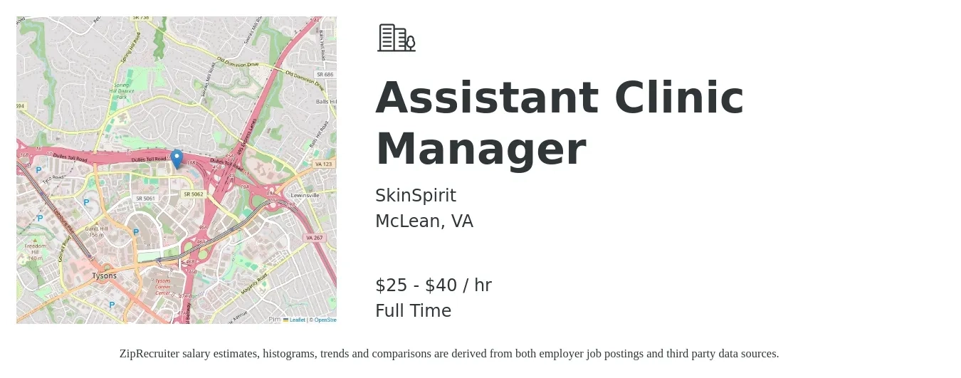 SkinSpirit job posting for a Assistant Clinic Manager in McLean, VA with a salary of $27 to $42 Hourly with a map of McLean location.