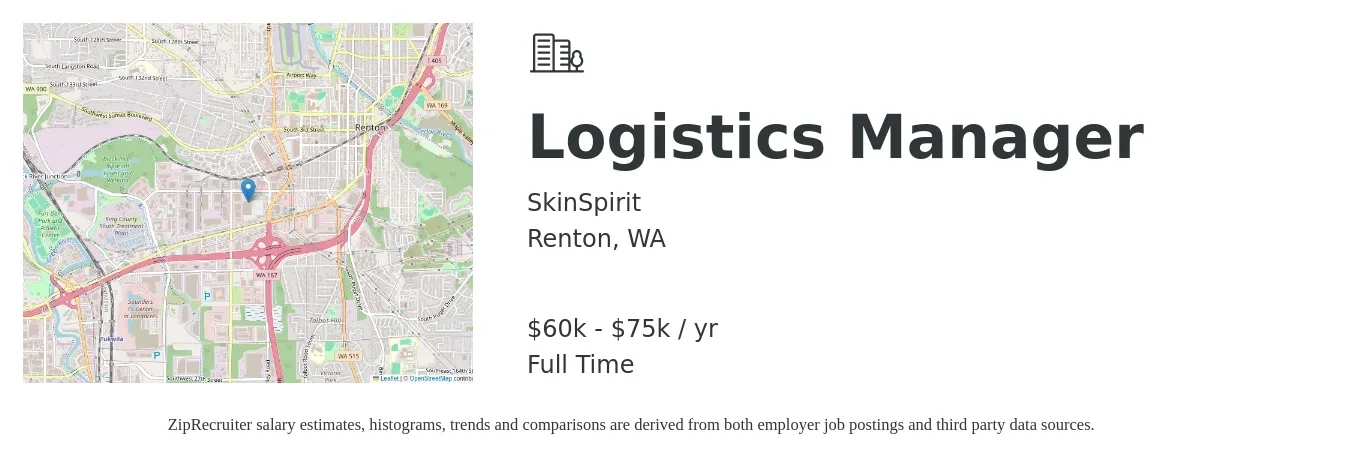 SkinSpirit job posting for a Logistics Manager in Renton, WA with a salary of $60,000 to $75,000 Yearly with a map of Renton location.