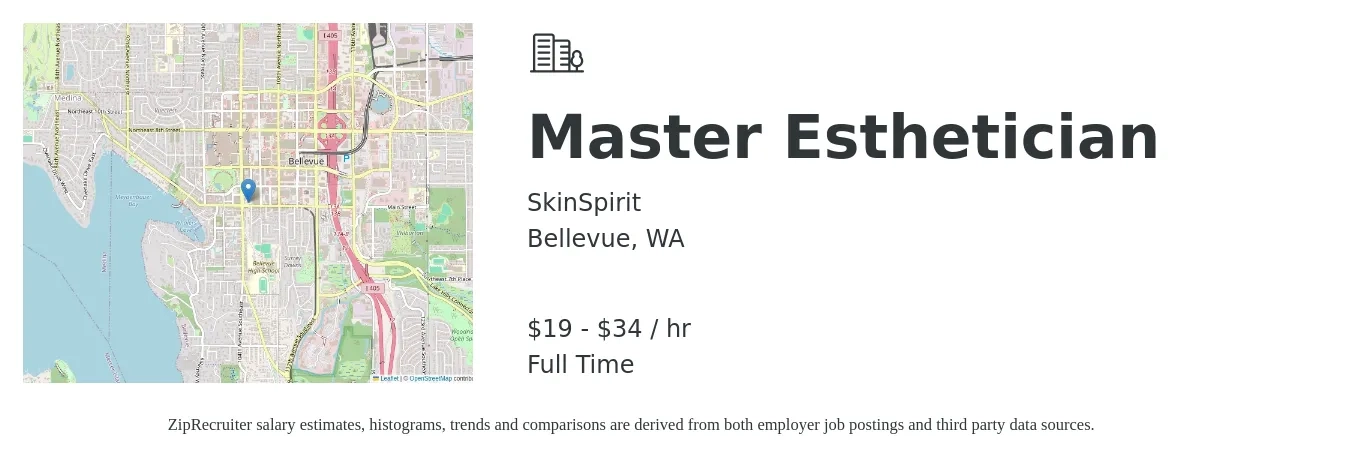 SkinSpirit job posting for a Master Esthetician in Bellevue, WA with a salary of $20 to $36 Hourly with a map of Bellevue location.