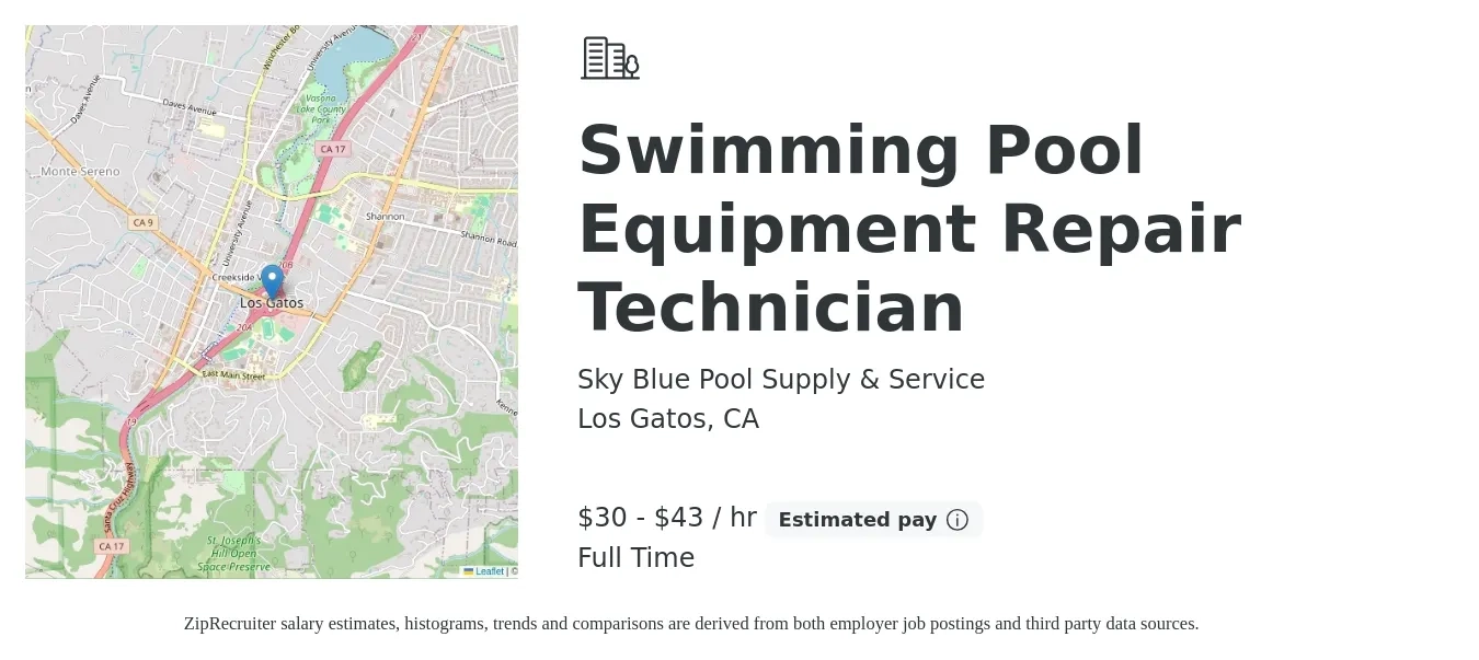 Sky Blue Pool Supply & Service job posting for a Swimming Pool Equipment Repair Technician in Los Gatos, CA with a salary of $32 to $45 Hourly with a map of Los Gatos location.