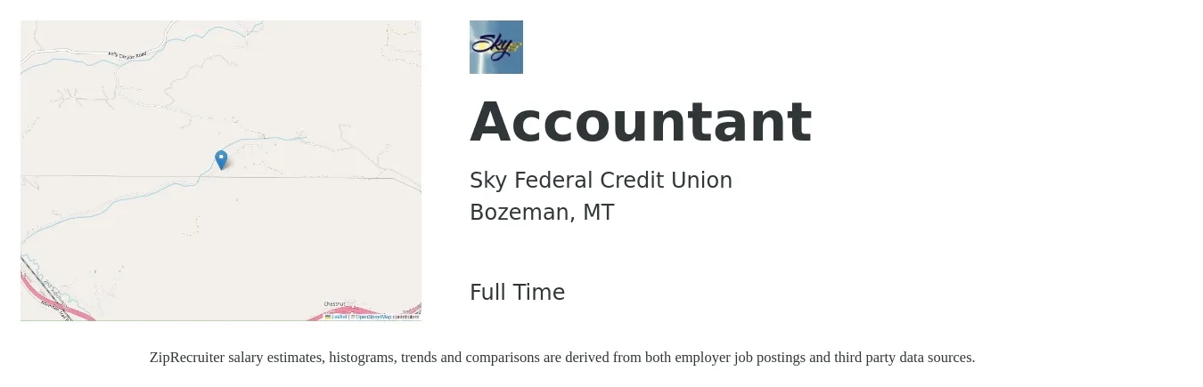 Sky Federal Credit Union job posting for a Accountant in Bozeman, MT with a salary of $57,900 to $85,000 Yearly with a map of Bozeman location.