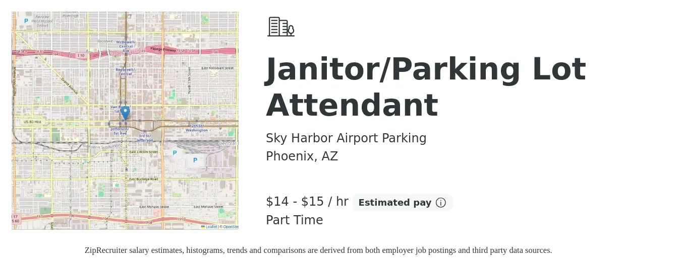 Sky Harbor Airport Parking job posting for a Janitor/Parking Lot Attendant in Phoenix, AZ with a salary of $16 to $16 Hourly with a map of Phoenix location.