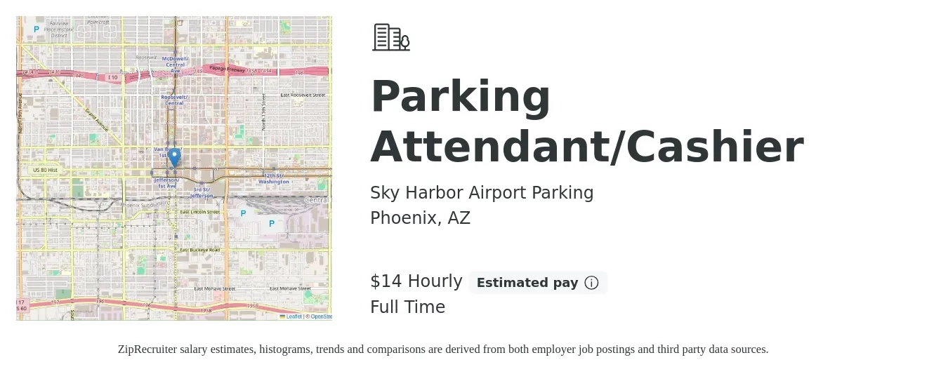 Sky Harbor Airport Parking job posting for a Parking Attendant-Cashier in Phoenix, AZ with a salary of $16 Hourly with a map of Phoenix location.